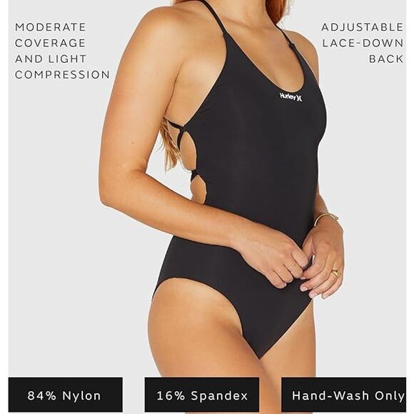 Hurley Black Solid One-Piece Swimsuit lace up open back white logo Medium NWT - Picture 4 of 8